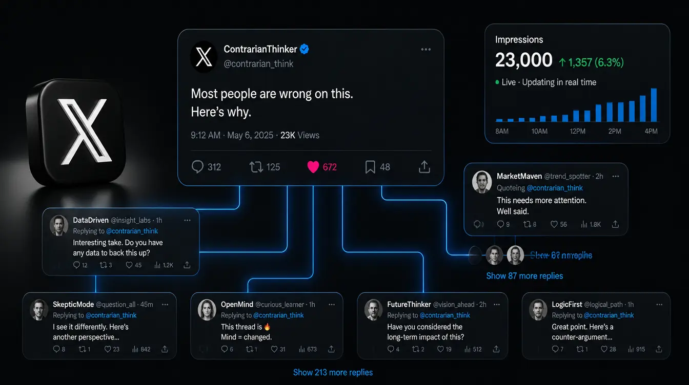 X platform showing a thriving conversation thread starting from a single thoughtful contrarian post &mdash; the original tweet visible with hundreds of replies forming a branching discussion, quote posts adding different perspectives, and the engagement metrics showing 23,000 impressions growing in real time &mdash; capturing what X's algorithm actually amplifies: genuine, substantive conversation regardless of what time the original post was made