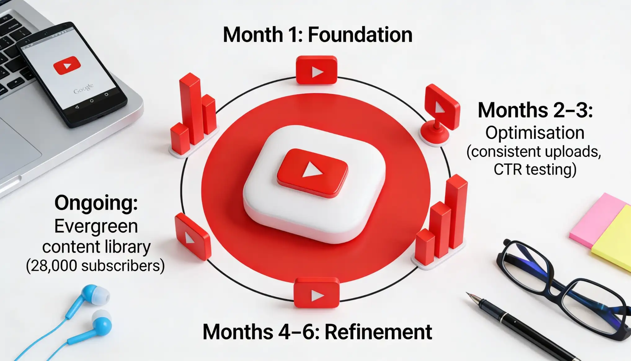 YouTube channel growth strategy timeline showing four phases over six months &mdash; Month 1 foundation and keyword research, Months 2-3 optimization with consistent uploads and CTR testing, Months 4-6 refinement doubling down on high-retention content types, and ongoing phase with evergreen content library and compounding subscriber growth reaching 28,000 subscribers