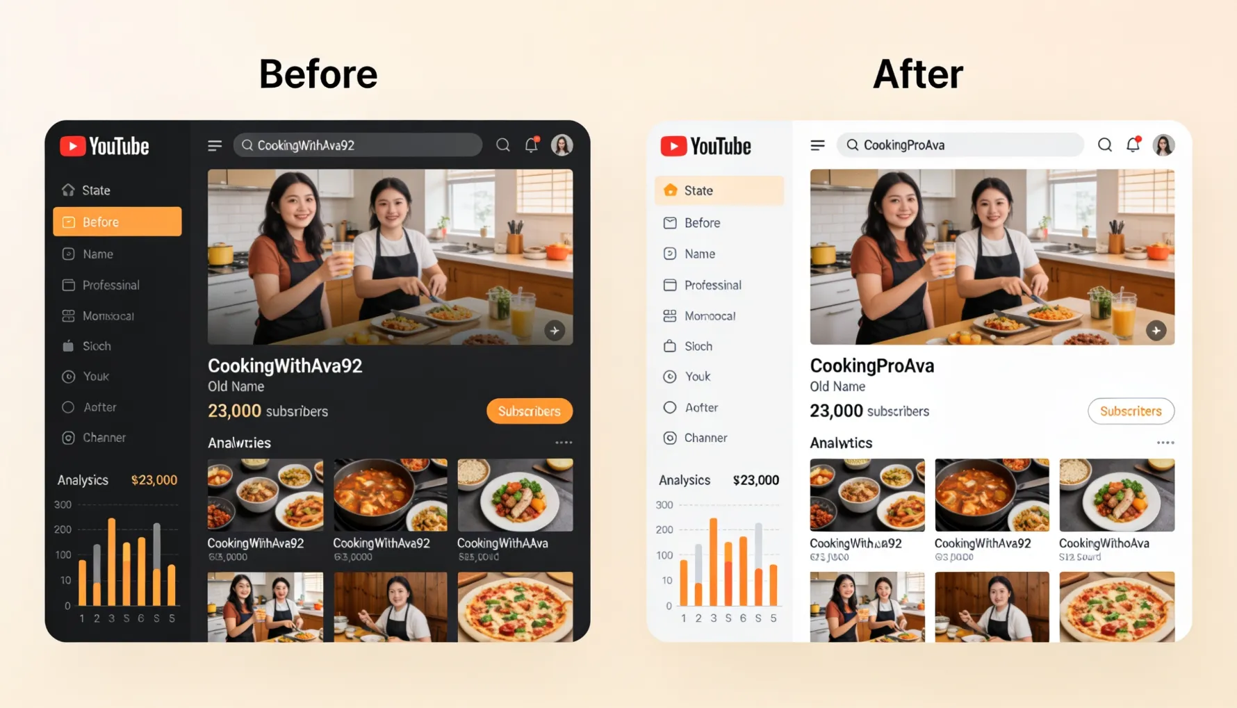 YouTube channel page comparison showing a before state with the old channel name 'CookingWithAva92' displayed prominently alongside 23,000 subscribers and cooking tutorial videos, and an after state showing the same channel with a clean professional channel name update reflecting her cooking business brand &mdash; demonstrating the two-minute transformation that Ava achieved after 30 minutes of initial confusion about YouTube's three different naming systems