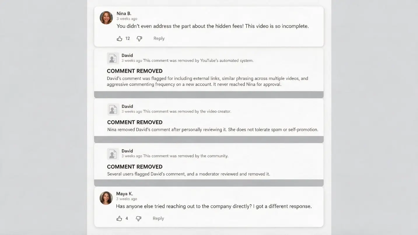 YouTube comment section showing comments that have been automatically removed by YouTube's three-layer moderation system &mdash; an automated filter layer, a creator moderation layer, and a community flagging layer &mdash; with visible gaps where David's substantive 2-3 sentence comments used to appear before YouTube's automated system flagged them for containing a combination of external links, similar phrasing across multiple videos on the same channel, and a new account's aggressive commenting frequency