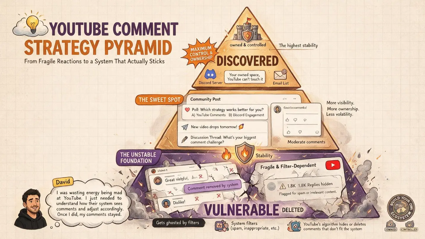YouTube comment strategy pyramid showing the hierarchy of effective YouTube community engagement &mdash; base layer showing YouTube comments as the most fragile and filter-dependent engagement channel, middle layer showing YouTube channel community posts and pinned responses as more reliable, top layer showing Discord server and email list as the most stable owned community infrastructure &mdash; with David's quote 'I wasted energy being mad at YouTube. I just needed to understand how their system sees comments and adjust accordingly. Once I did, my comments stayed.' alongside the recommendation to use YouTube comments as bonus engagement rather than foundation for community building