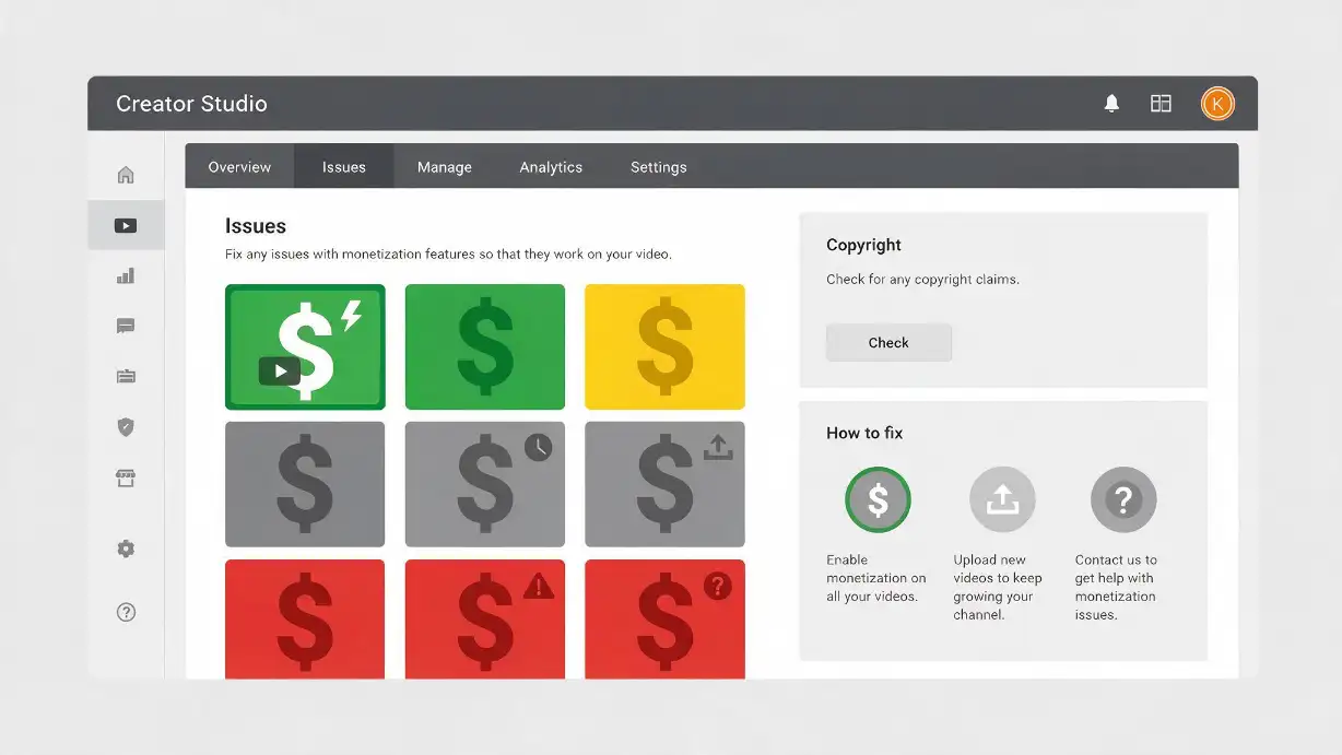 YouTube Studio dashboard showing the four dollar sign monetisation icons next to video thumbnails &mdash; a green dollar sign indicating full monetisation with all ad formats running, a yellow dollar sign indicating limited or no ads where YouTube's system has decided the video isn't suitable for most advertisers and earnings can drop by anywhere from a noticeable amount to nearly everything, a grey dollar sign indicating monetisation is switched off entirely, and a red dollar sign indicating a copyright claim has been filed redirecting or holding revenue &mdash; demonstrating that each icon requires a completely different fix and confusing them wastes significant time