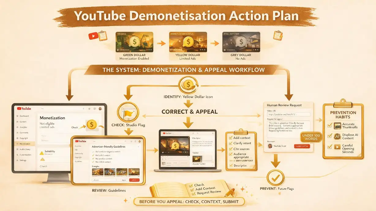 YouTube demonetisation action plan flowchart &mdash; starting with identifying which dollar sign icon is showing (green meaning no action needed, yellow meaning appeal advertiser-friendliness, grey meaning check channel YPP eligibility, red meaning resolve copyright dispute), then for yellow icons: checking YouTube Studio for the specific flag category, reviewing against the advertiser-friendly content guidelines, determining if context needs to be added to description or tags, submitting a human review request with a clear contextual note under 100 words, and implementing prevention habits including accurate thumbnails, AI disclosure, context in descriptions, and careful opening-second content &mdash; ending with the reminder that even a green icon earns nothing without adequate initial views to give the algorithm a traction signal