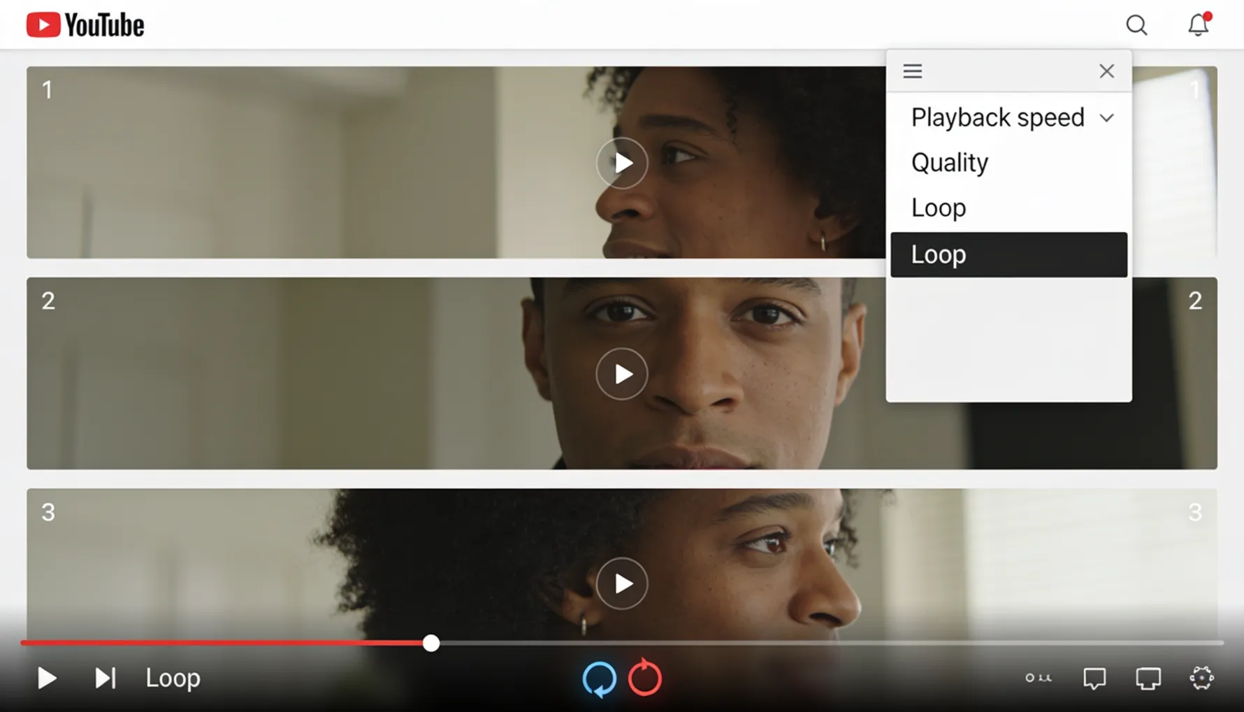 YouTube desktop player showing the complete loop workflow in three steps &mdash; the right-click menu appearing on the video, the Loop option being selected, and the video indicator showing it is now playing on repeat &mdash; with a summary graphic showing that the whole process takes under five seconds once you know the right-click location
