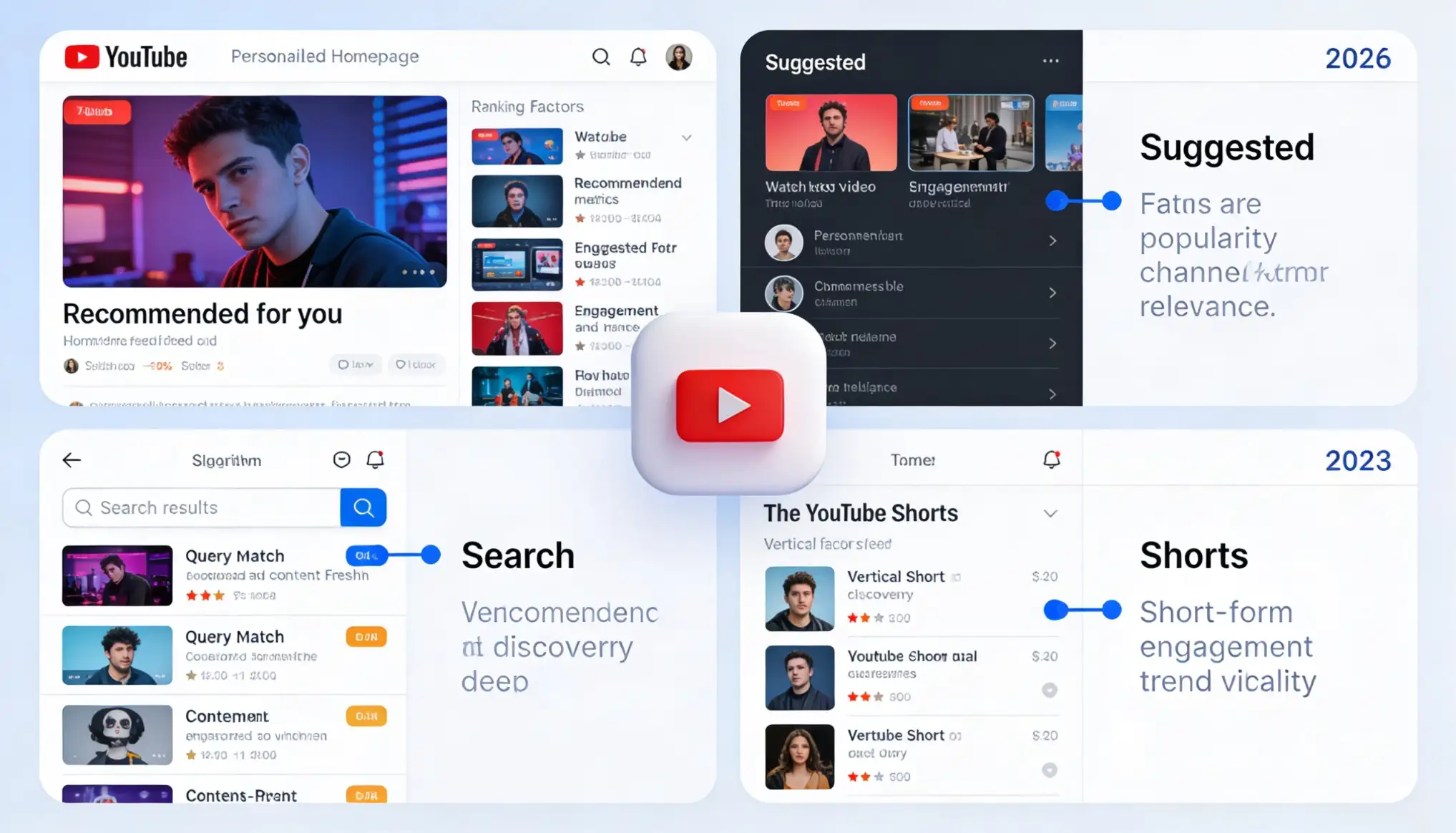 YouTube interface showing four different algorithmic surfaces in 2026 &mdash; the personalised Homepage feed, Suggested Videos sidebar, Search results page, and YouTube Shorts discovery feed &mdash; each with different ranking factors highlighted: CTR and viewing history for Homepage, session time for Suggested, keyword relevance for Search, and completion rate for Shorts
