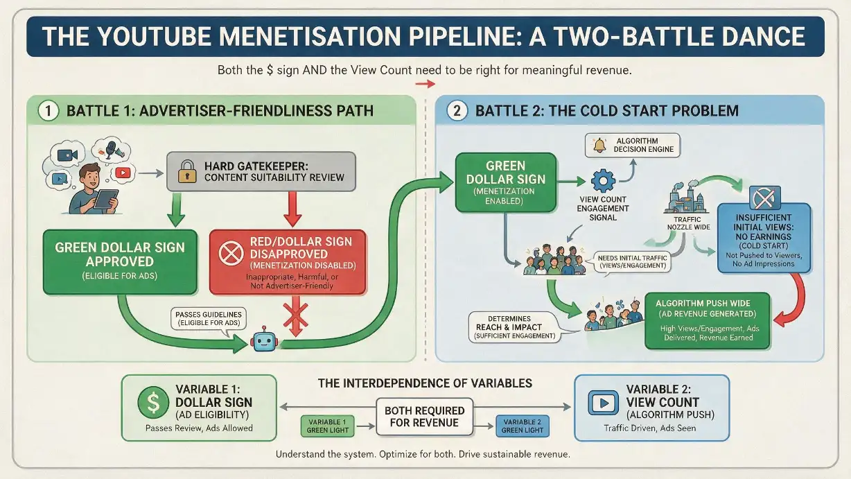 YouTube monetisation pipeline diagram showing the two separate battles creators face &mdash; Battle 1 on the left showing the advertiser-friendliness path where a video must pass YouTube's content suitability guidelines to earn a green dollar sign and have ads running, and Battle 2 on the right showing the visibility and cold start problem where even a fully monetised video with a green dollar sign earns nothing if it doesn't receive enough initial views and engagement in the first hours for the algorithm to push it to a wider audience &mdash; demonstrating that the dollar sign and the view count are separate variables that both need to be right for a video to actually earn meaningful revenue