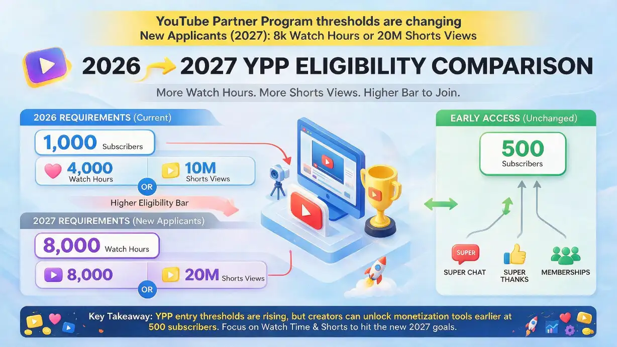 YouTube Partner Program eligibility threshold comparison for 2026 and 2027 &mdash; left side showing the current 2026 full monetisation requirements of 1,000 subscribers plus either 4,000 valid public watch hours in the last 12 months or 10 million valid Shorts views in 90 days, right side showing the new 2027 requirements starting February 1 2027 for new applicants only of 8,000 watch hours or 20 million Shorts views doubling the threshold, and bottom showing the unchanged early access tier at 500 subscribers with 3,000 watch hours or 3 million Shorts views that still unlocks Super Chat, Super Thanks, and channel memberships