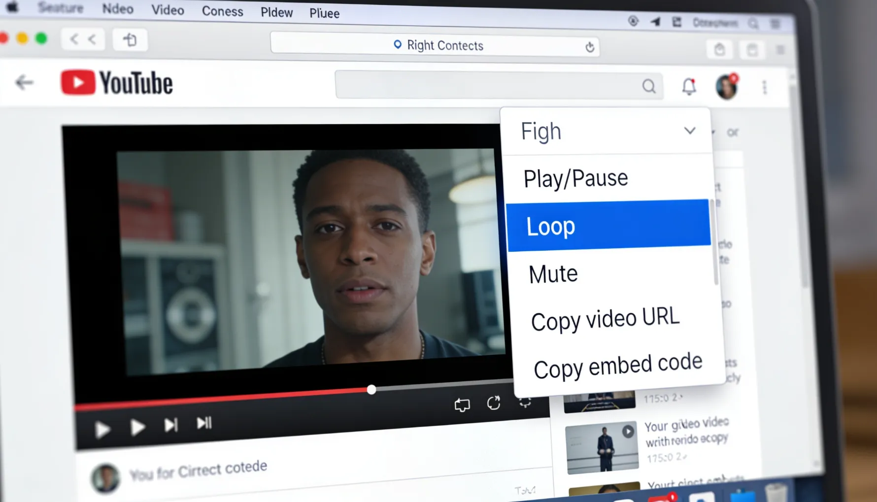 YouTube video player on desktop showing the right-click context menu open with the Loop option highlighted &mdash; demonstrating the hidden but official YouTube loop feature that appears when you right-click directly on the video itself, not on the player controls or progress bar, which is the location most users never think to check