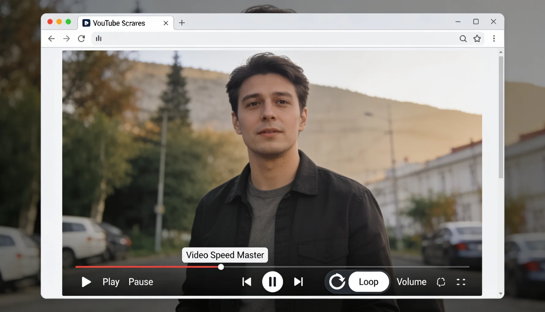 YouTube video player showing a browser extension adding a visible loop button directly to the YouTube player controls alongside the existing play, pause, and volume buttons &mdash; demonstrating how extensions like Video Speed Master add permanent, easy-to-access loop controls that don't require the right-click menu each time