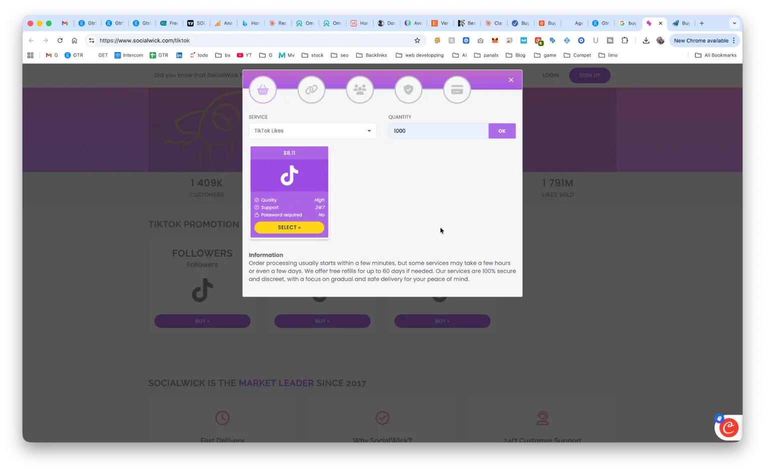 SocialWick TikTok likes service popup showing 1000 likes package for $0.11 with high quality rating and 24/7 support