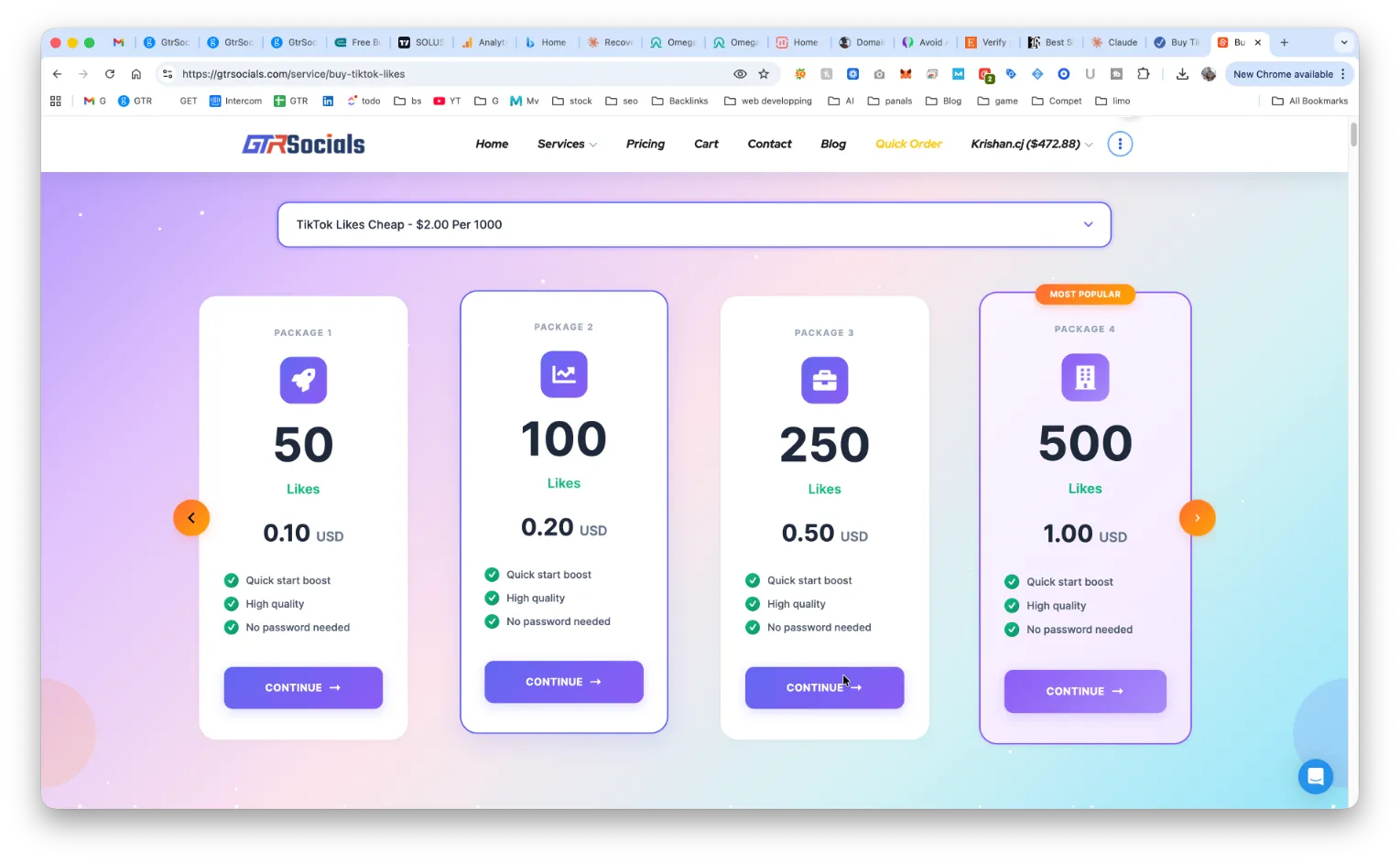 GTR Socials TikTok likes pricing packages showing affordable rates from $0.10 for 50 likes to $1.00 for 500 likes