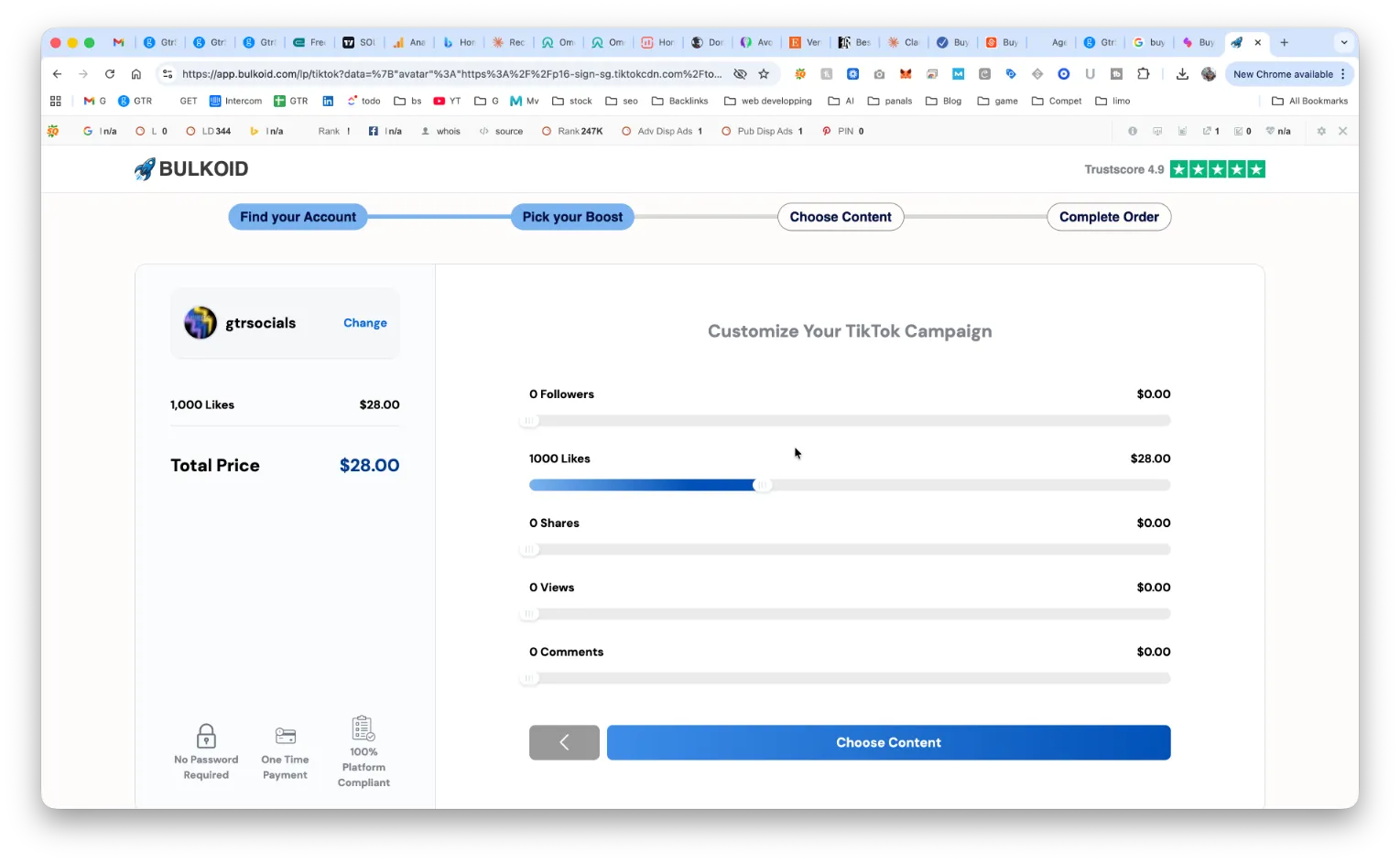 Bulkoid TikTok campaign customization interface showing 1000 likes package priced at $28.00 with sliders for followers, shares, views, and comments