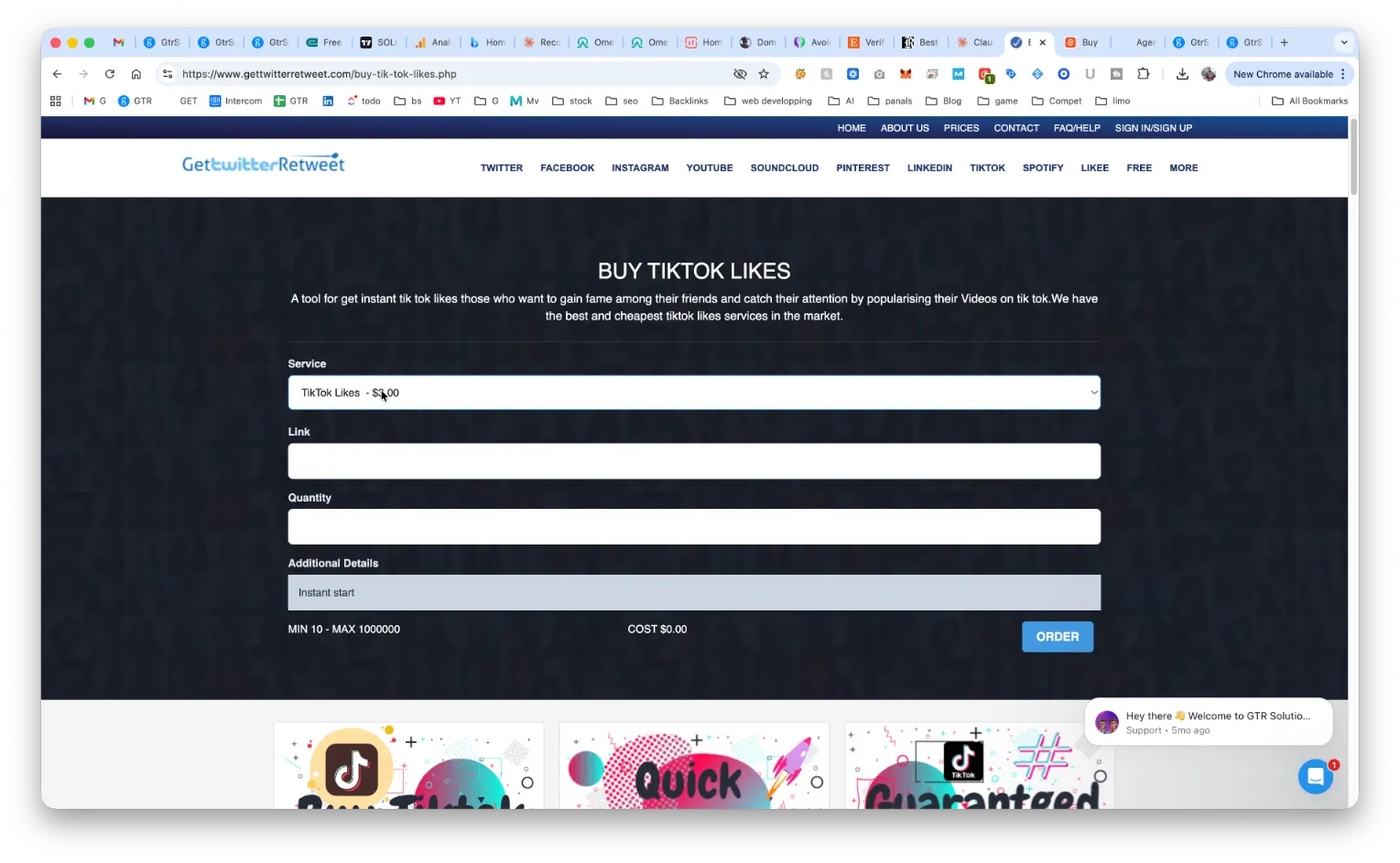 GetTwitterRetweet TikTok likes service interface showing order form with instant start delivery and pricing at $1.00 minimum