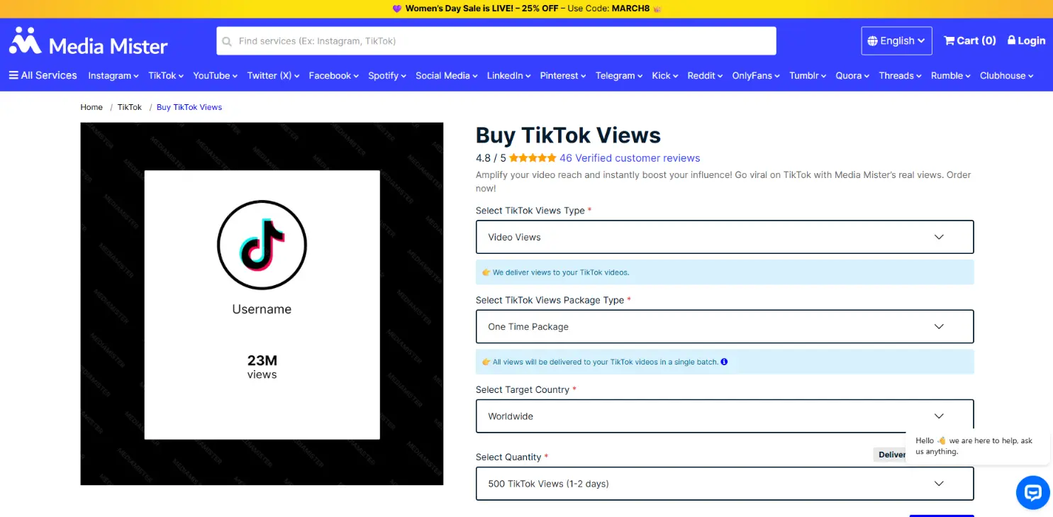Media Mister TikTok views with expensive premium pricing