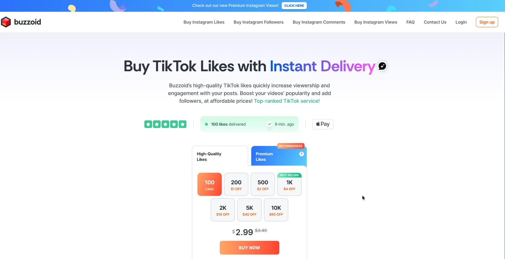 Buzzoid TikTok likes service showing premium pricing at $13.99 per 1000 likes with instant delivery and secure ordering