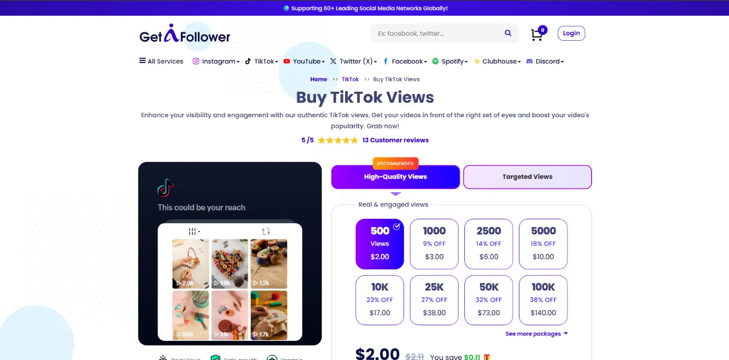 GetAFollower TikTok views with higher pricing than GTR