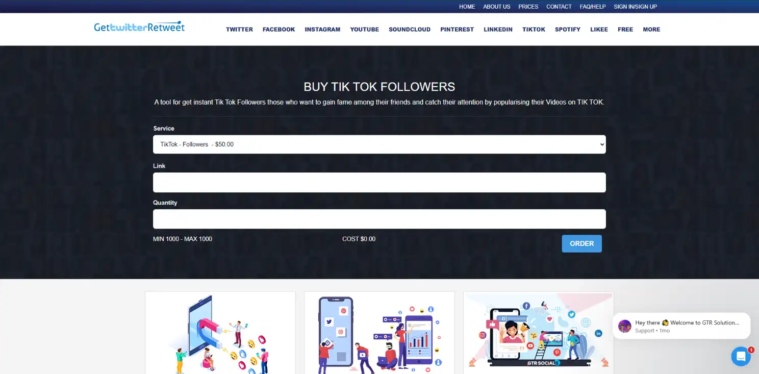 GetTwitterRetweet TikTok followers pricing and service details