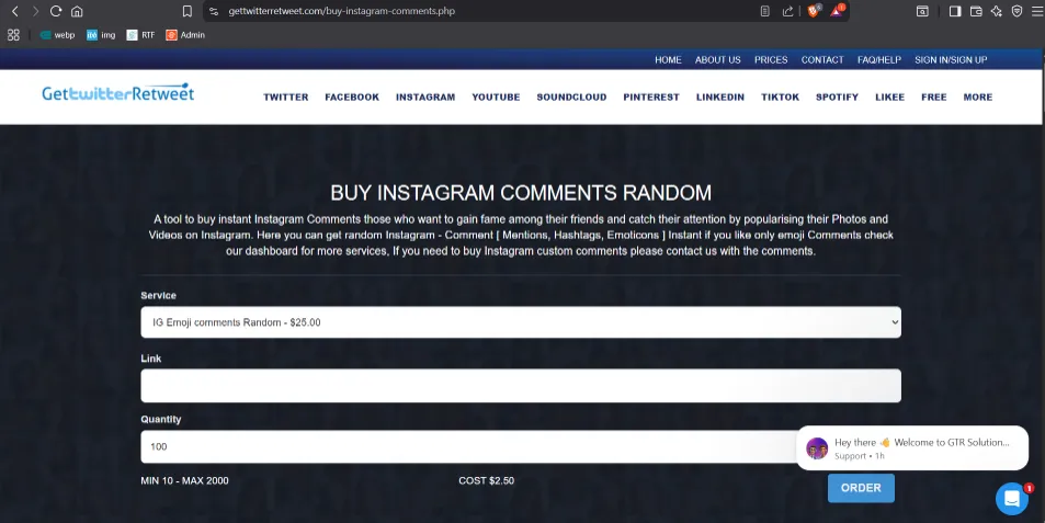 GetTwitterRetweet Instagram comments service with mid-tier pricing