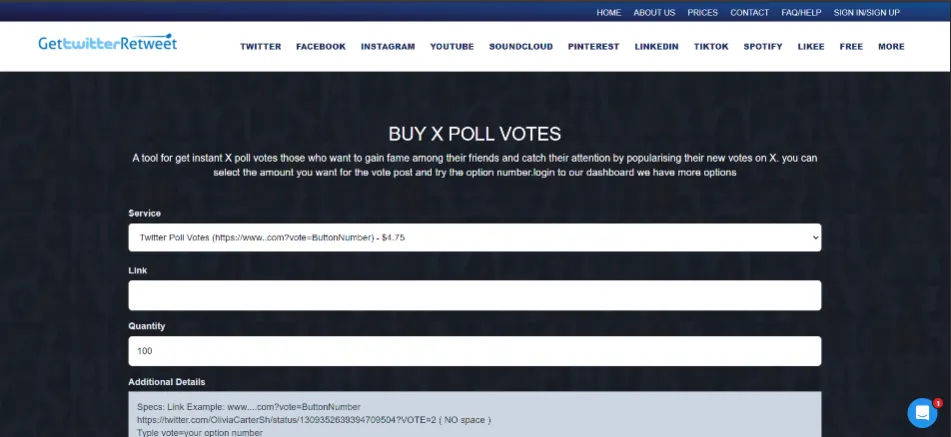 GetTwitterRetweet X poll votes service with budget pricing