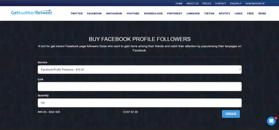 GetTwitterRetweet Facebook followers service with competitive pricing