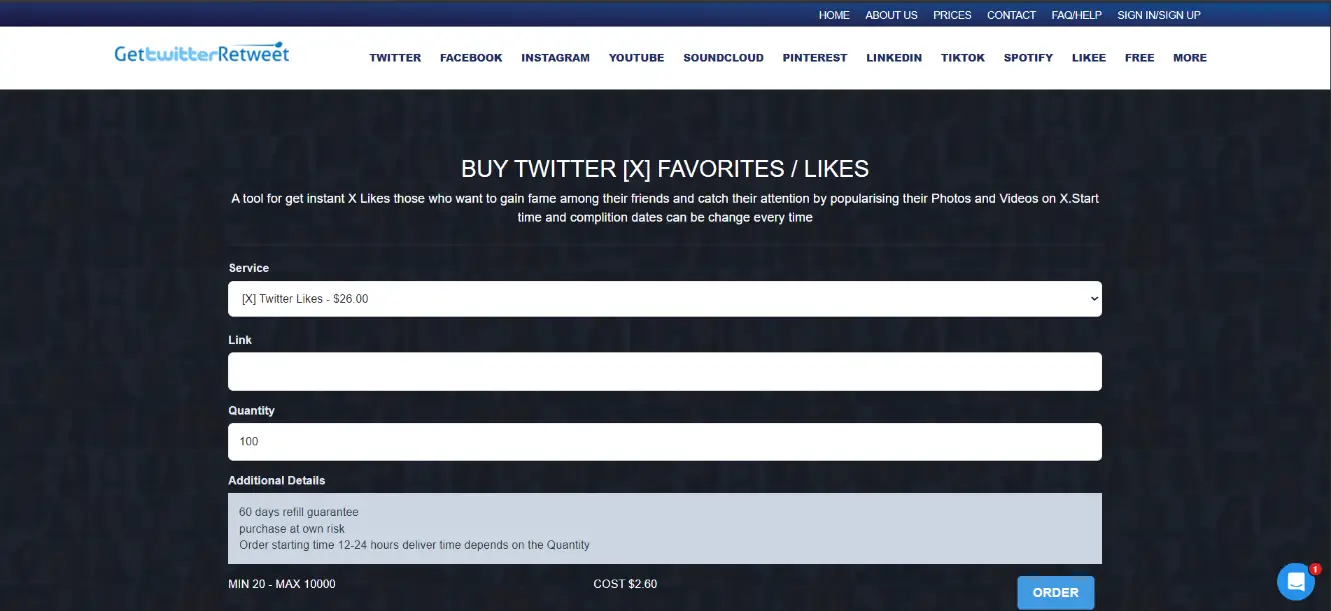 GetTwitterRetweet X likes service with higher pricing than GTR