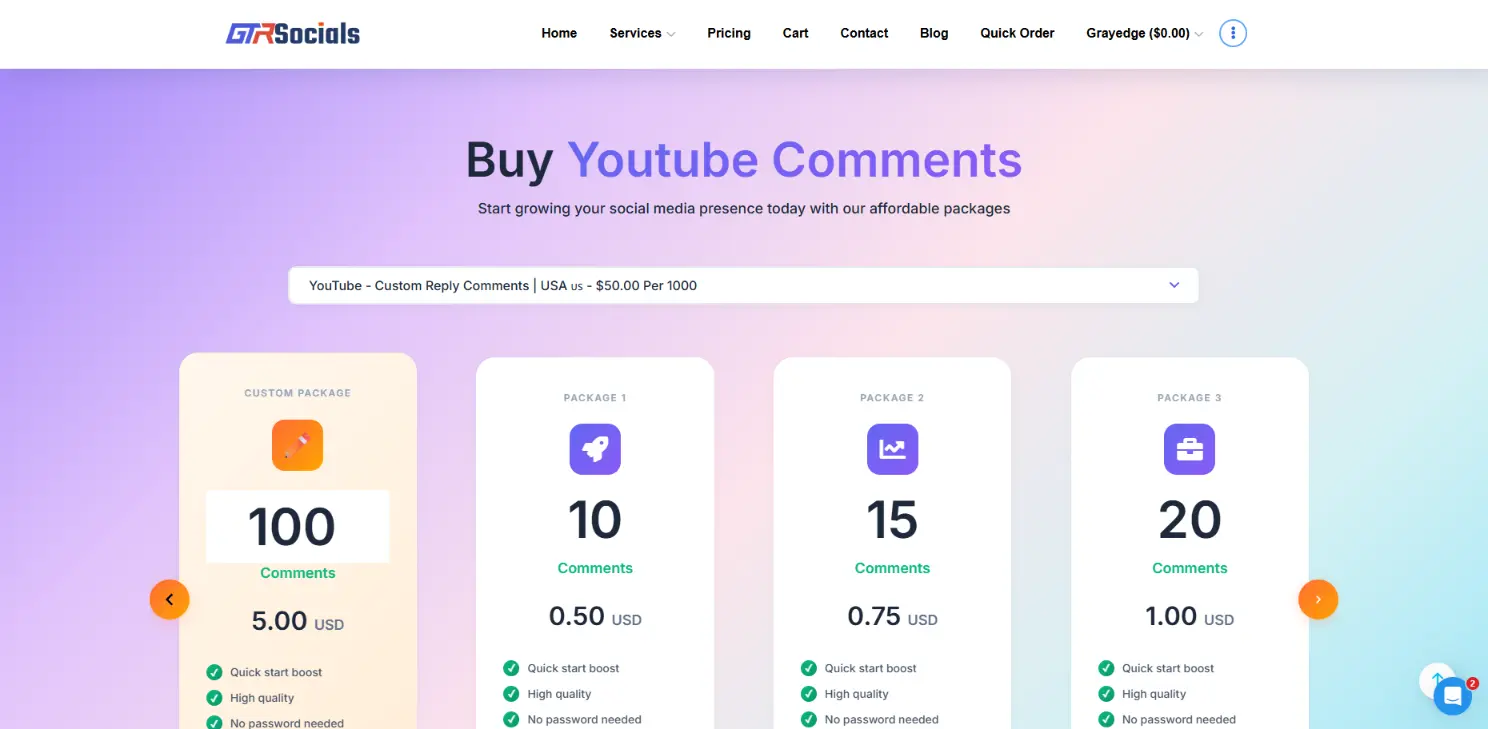 GTR Socials YouTube comments service showing unbeatable pricing and custom text feature