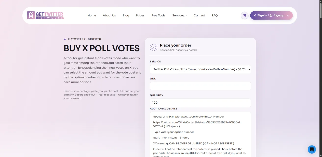 GetTwitterRetweet X poll votes service page screenshot
