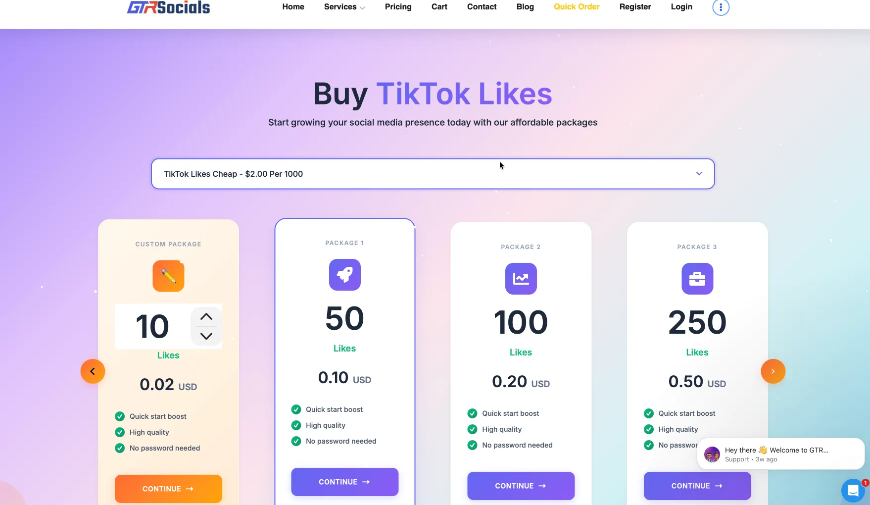 GTR Socials TikTok likes pricing packages showing affordable rates from $0.10 for 50 likes to $1.00 for 500 likes with quick start boost and high quality