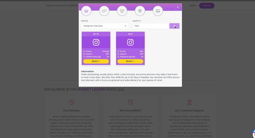 SocialWick Instagram likes pricing popup showing two quality tiers - average quality at $5.79 and high quality at $8.11 per 1000