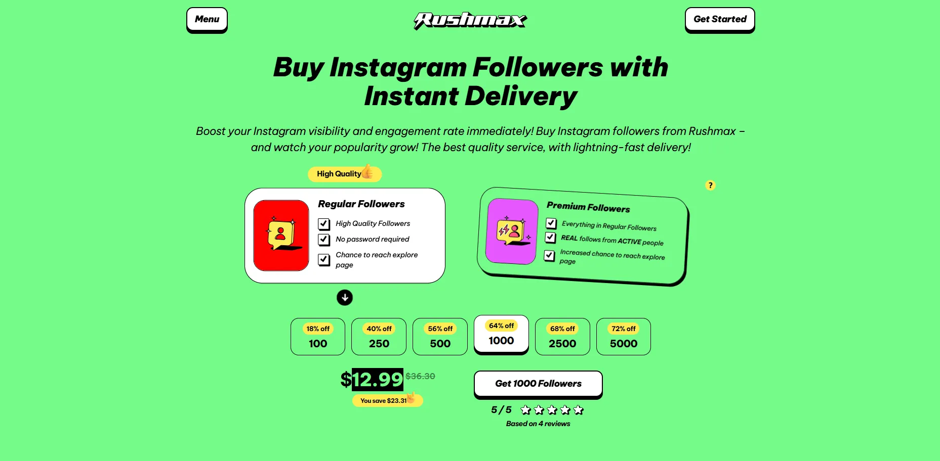 RushMax Instagram followers with expensive pricing