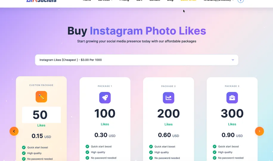 GTR Socials Instagram likes pricing showing cheapest rate at $3.00 per 1000 with multiple package options and high quality guarantee