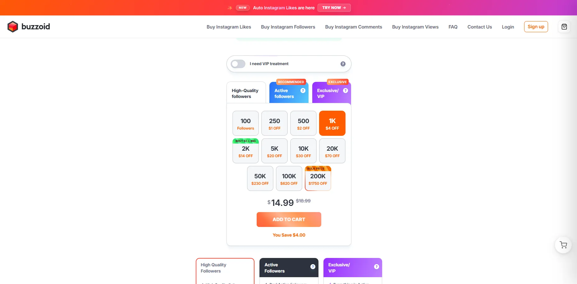Buzzoid Instagram followers with very expensive pricing