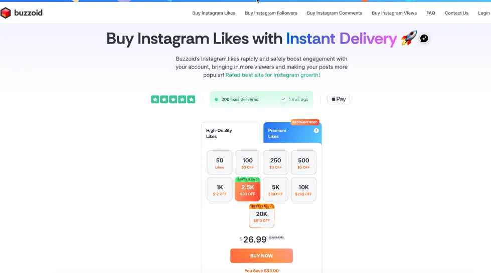 Buzzoid Instagram likes service showing pricing calculator, instant delivery promise, customer reviews and service features