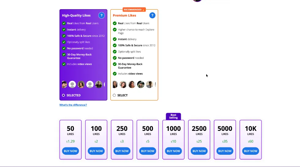 Superviral Instagram likes service page displaying pricing packages, verified reviews, service features and ordering process