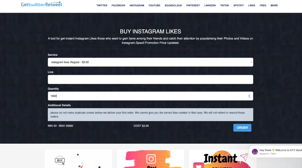 GetTwitterRetweet Instagram likes service showing $3.00 pricing with minimum 50 and maximum 35000 order limits