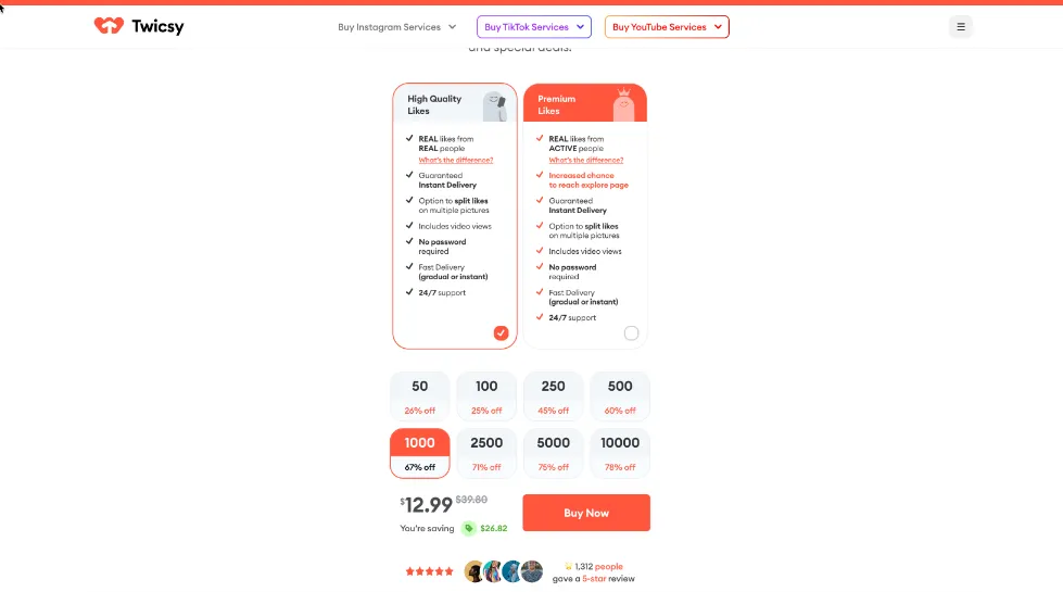 Twicsy Instagram likes service page showing pricing packages, features, customer reviews and detailed service information