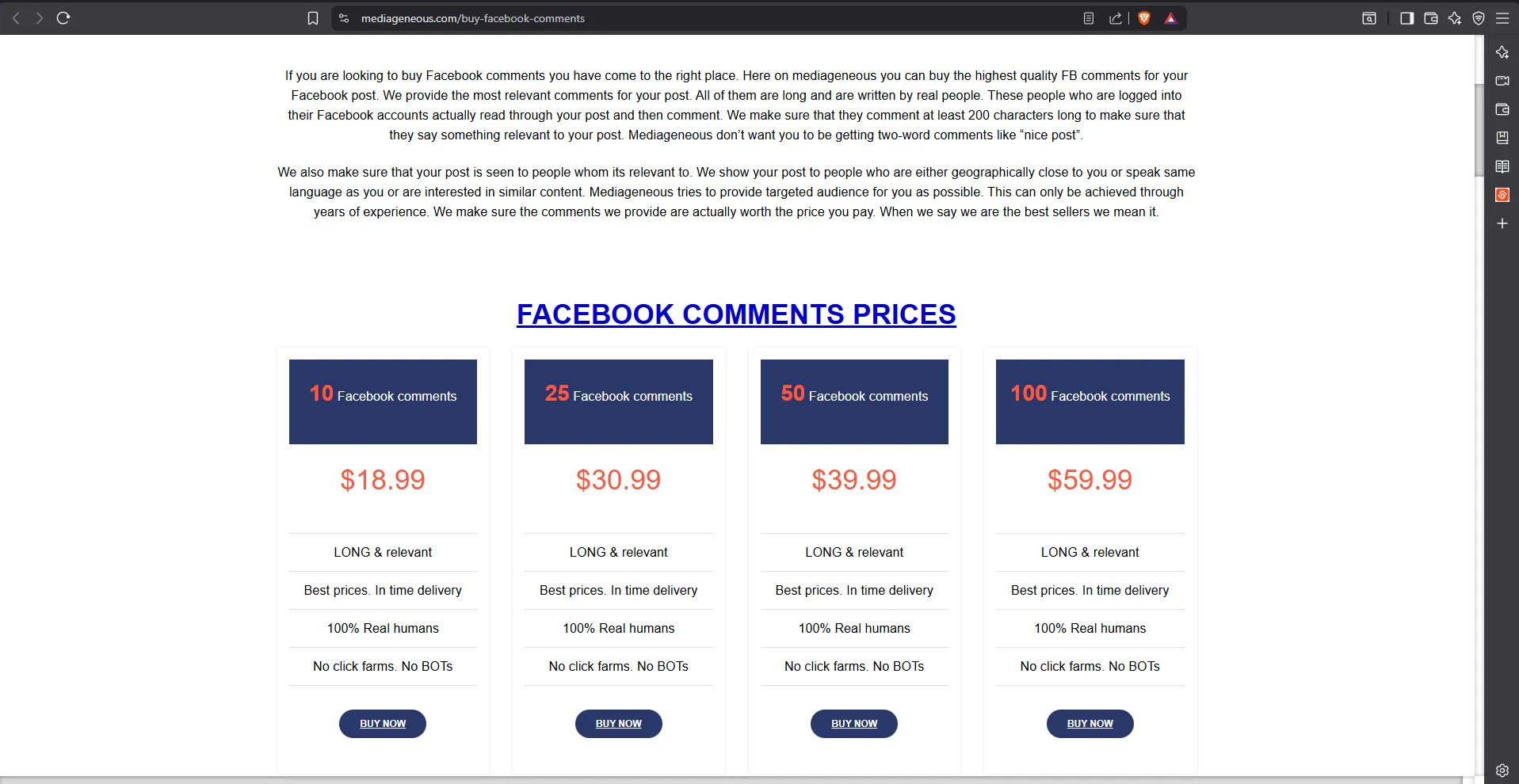 MediaGeneous Facebook comments service showing pricing packages and service features