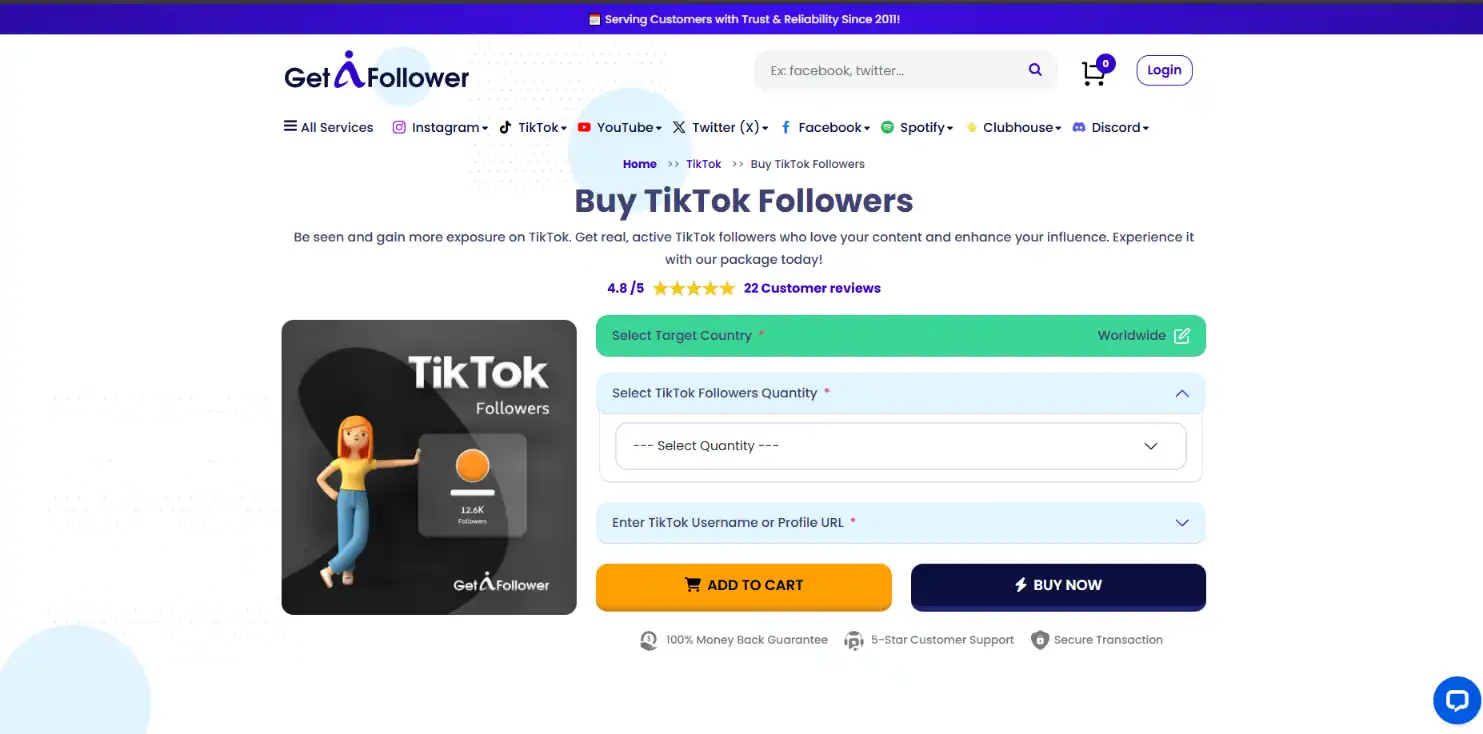 GetAFollower TikTok followers service interface and pricing