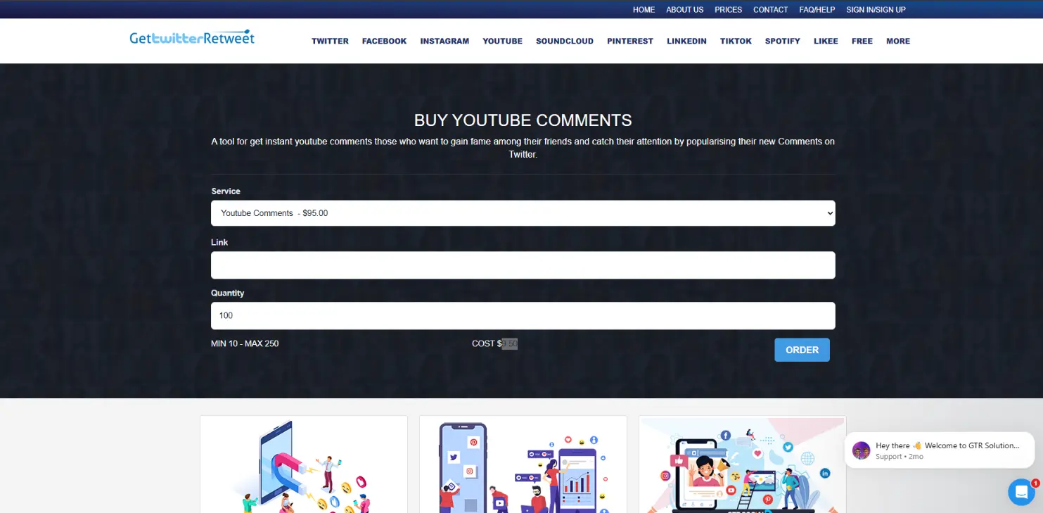 GetTwitterRetweet YouTube comments service with higher pricing than GTR