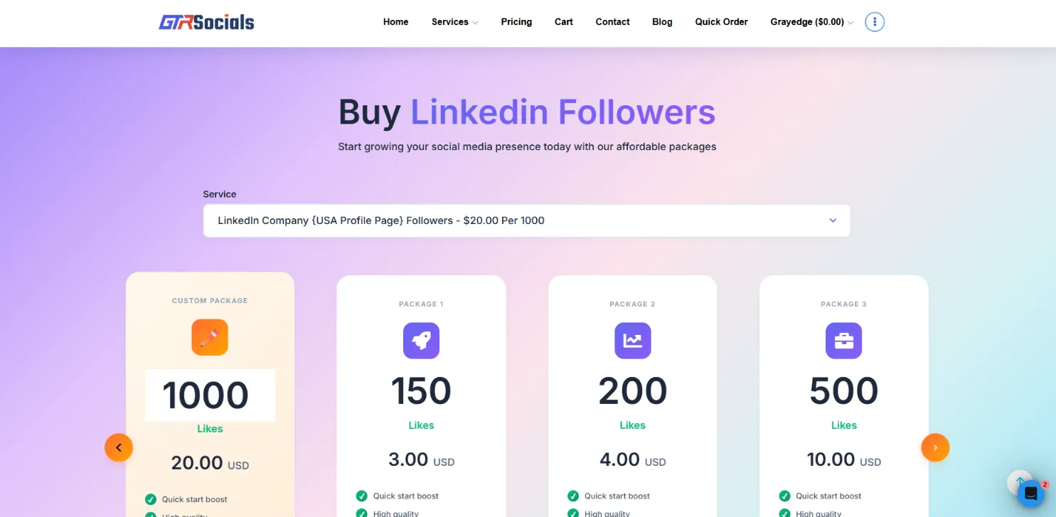 GTR Socials LinkedIn followers service showing best quality at tied cheapest price