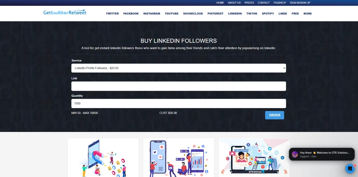 GetTwitterRetweet LinkedIn followers tied cheapest price but lower quality