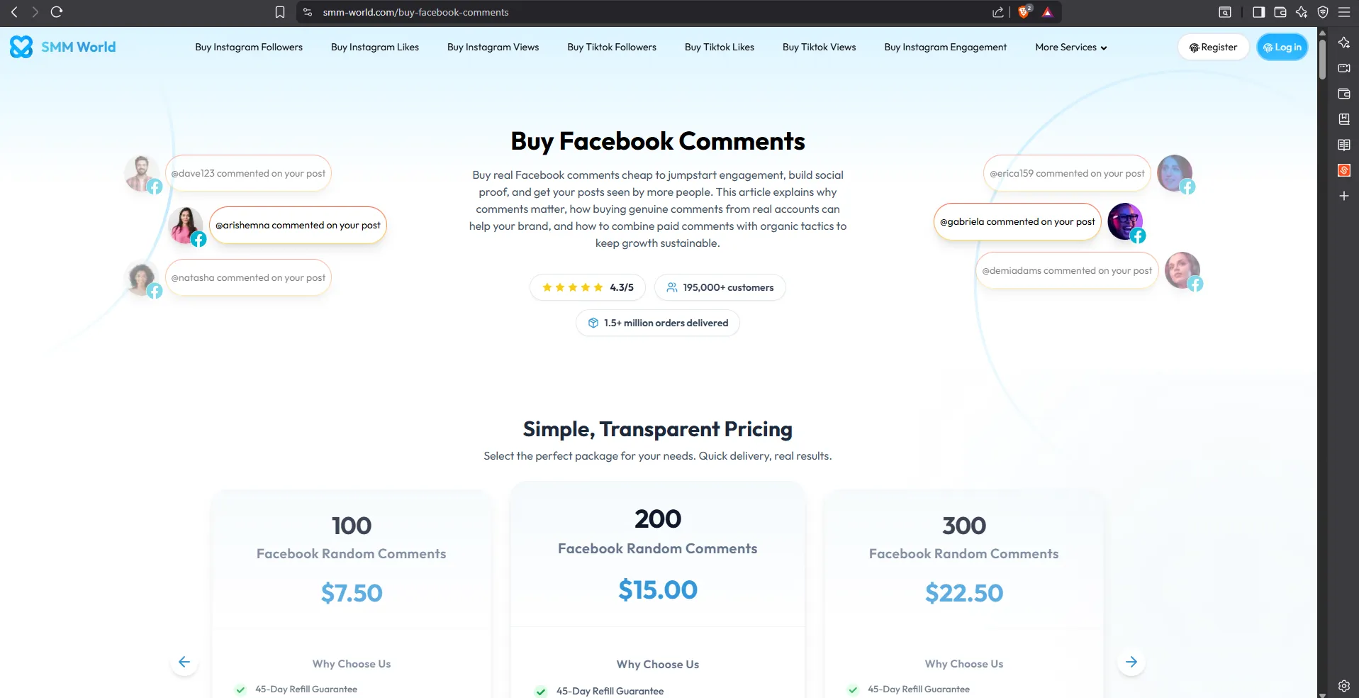 SMM-World Facebook comments panel showing service catalog and pricing structure
