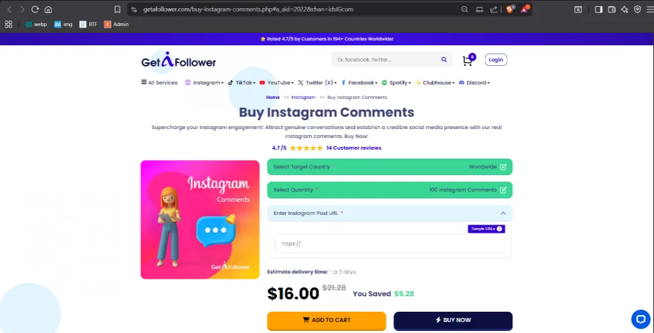 GetAFollower Instagram comments service with premium pricing and modern interface
