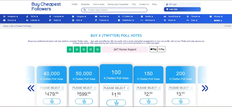 BuyCheapestFollowers X poll votes with ironic premium pricing