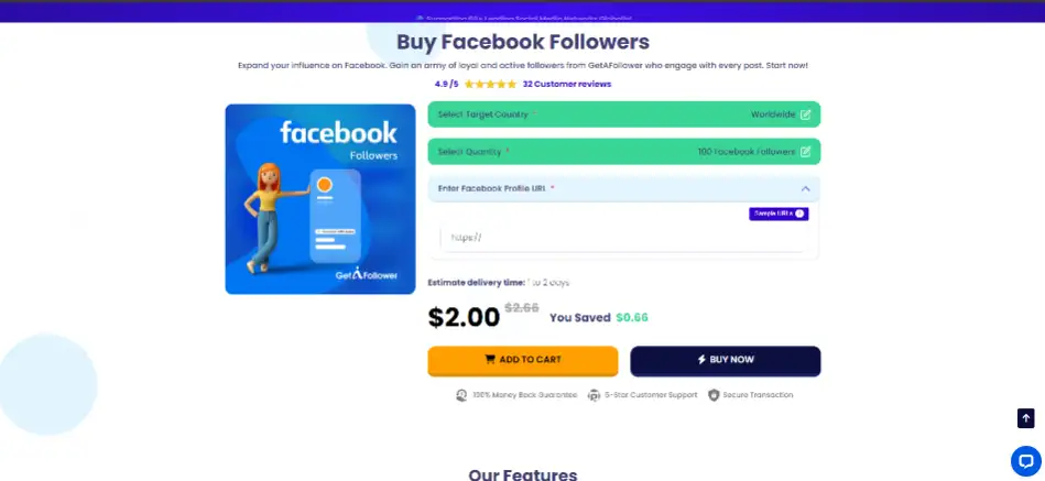 GetAFollower Facebook followers with premium pricing claims