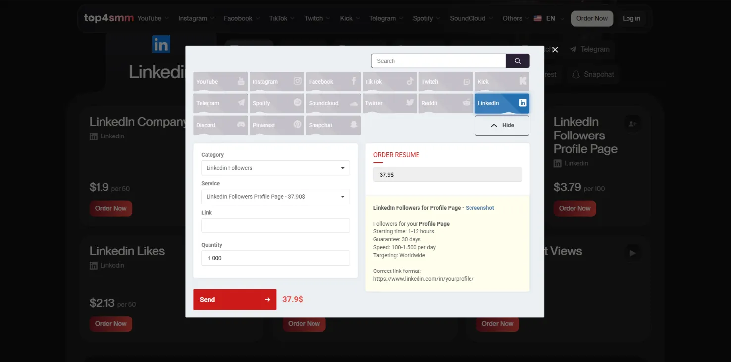 Top4SMM LinkedIn followers at double GTR's price