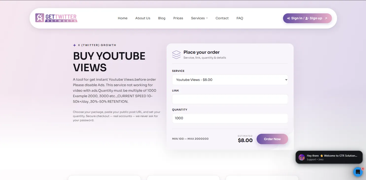 GetTwitterRetweet YouTube views 33% more expensive than GTR without likes
