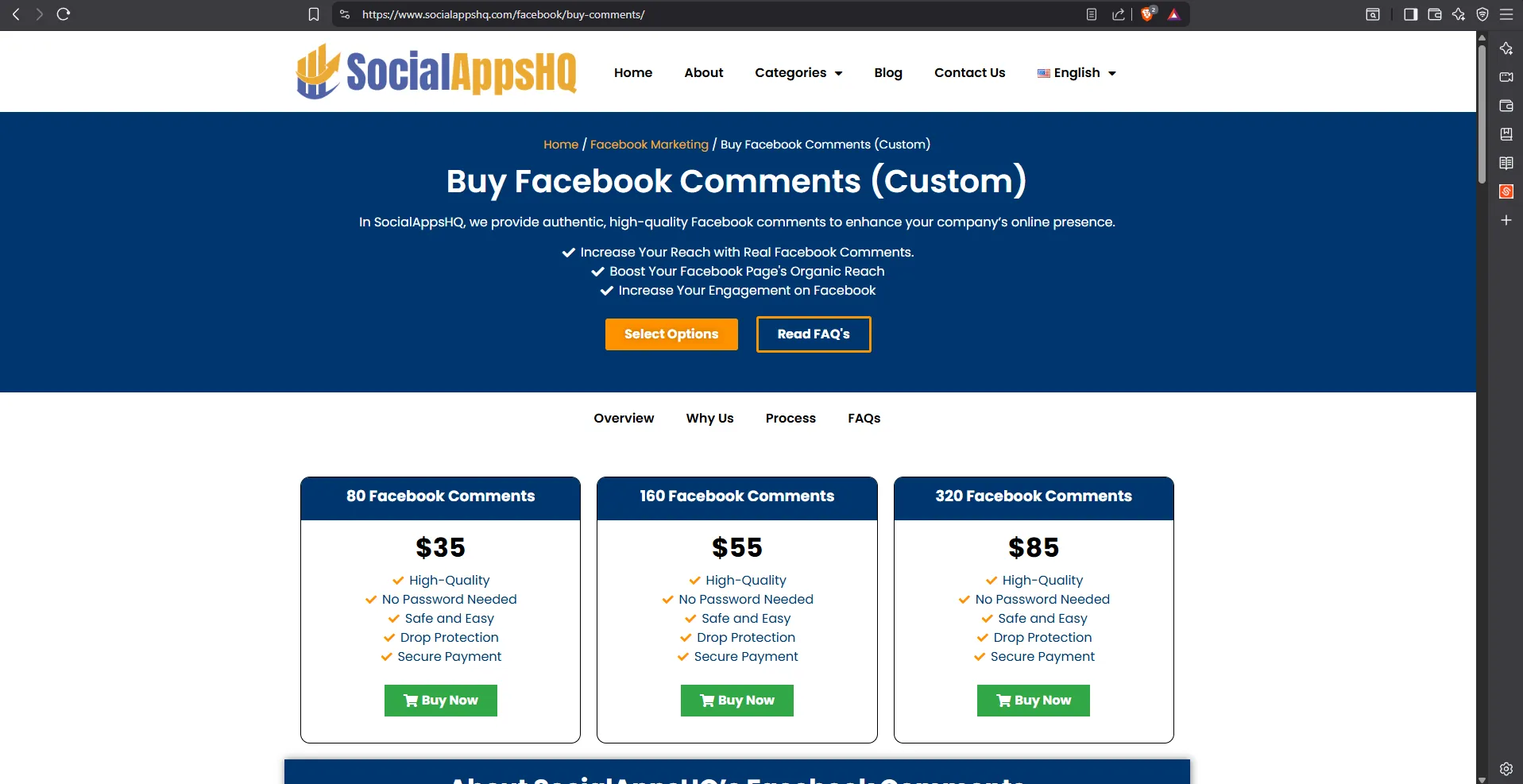 SocialAppsHQ Facebook engagement services showing comment packages and pricing