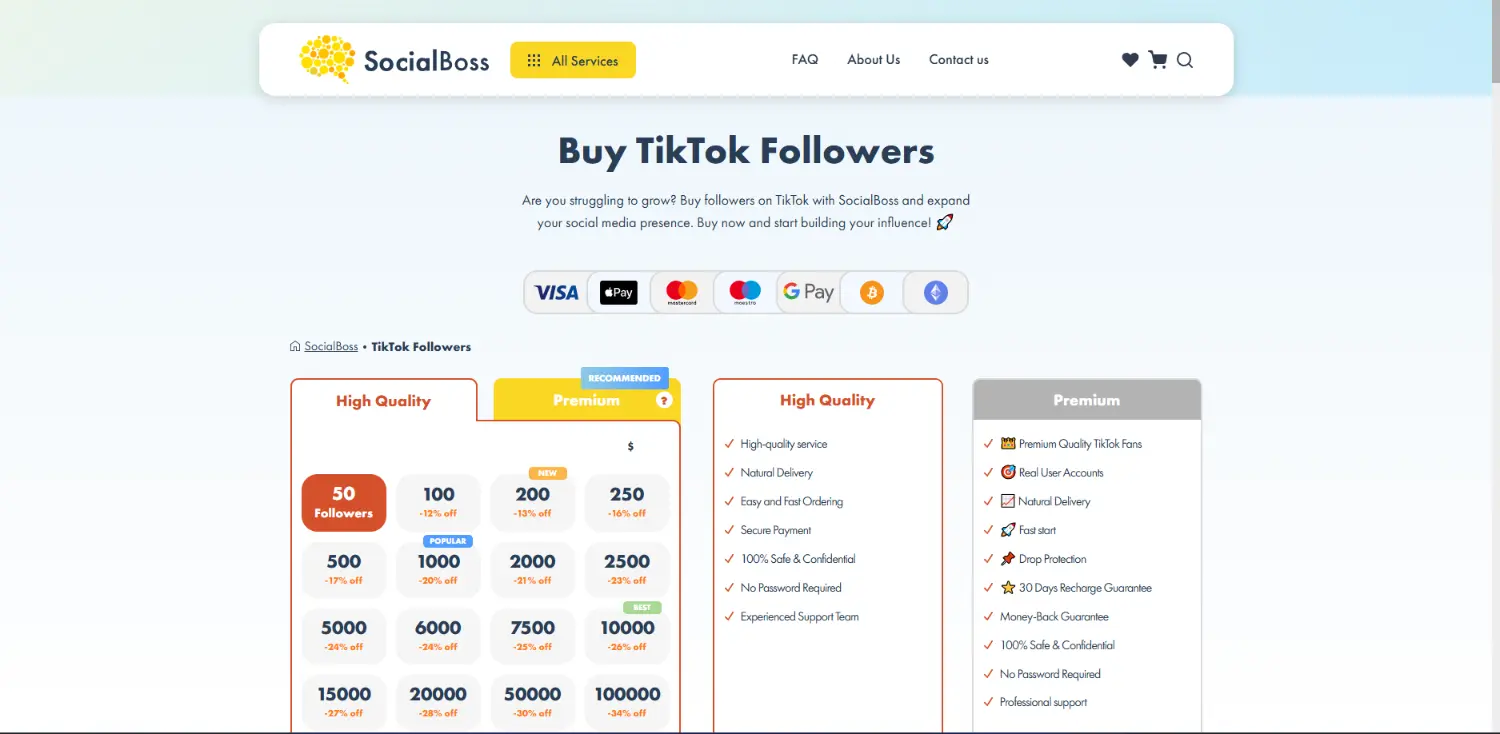 SocialBoss TikTok followers service with premium pricing structure