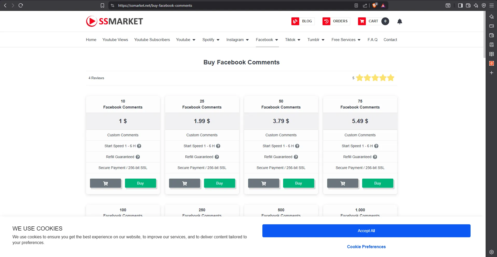 SSMarket SMM panel showing Facebook comments service and pricing options